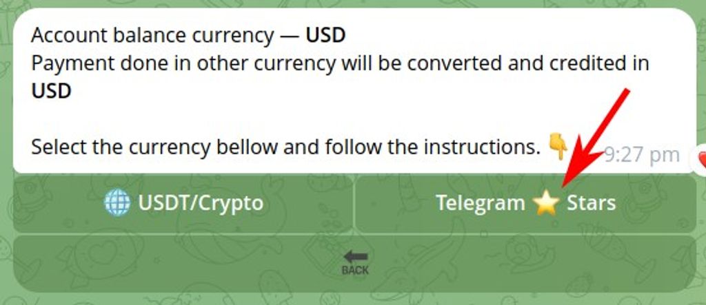 Select Telegram Stars in Bot currency selector