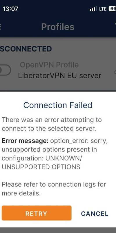 OpenVPN Connect server connection error